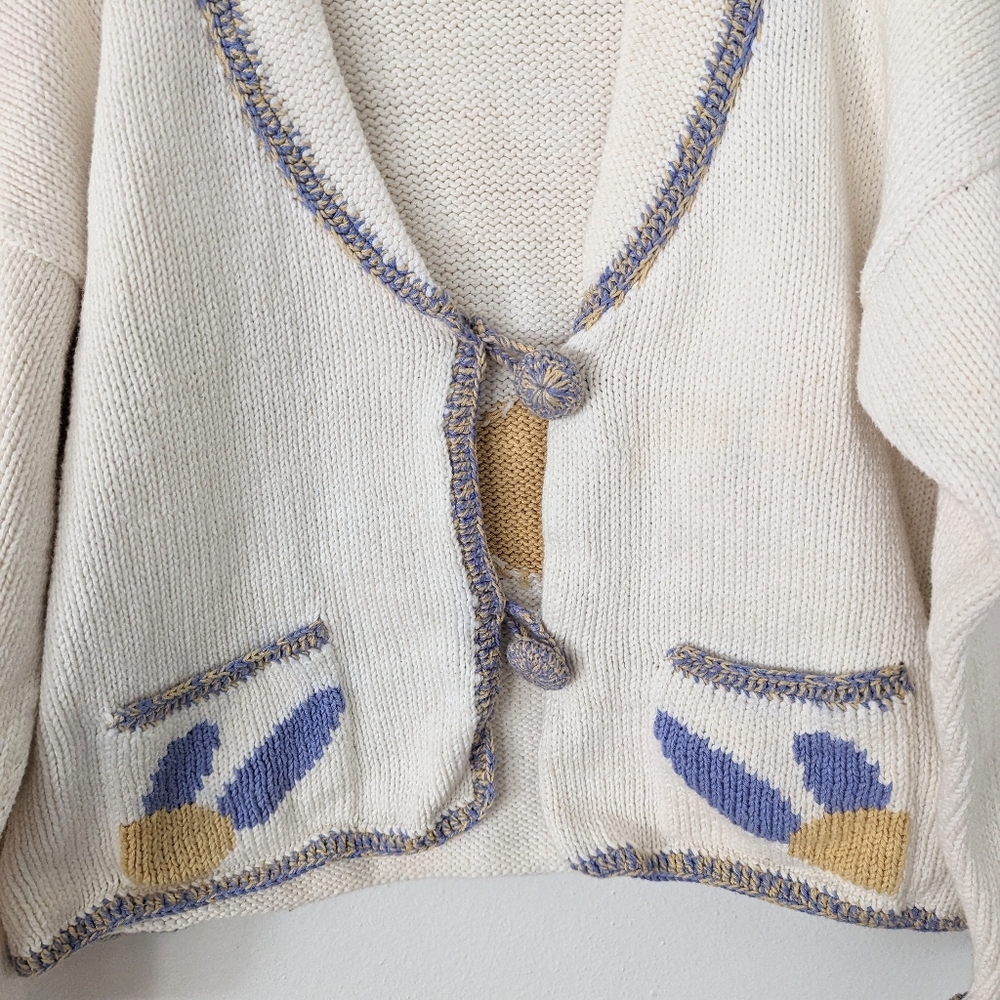 Vintage Y2K M. Gibson Daisy Floral Knit Cardigan White Blue Size Medium M - Picture 7 of 8